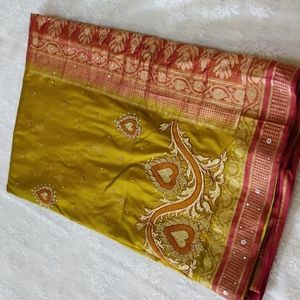 Greenish yellow silk saari